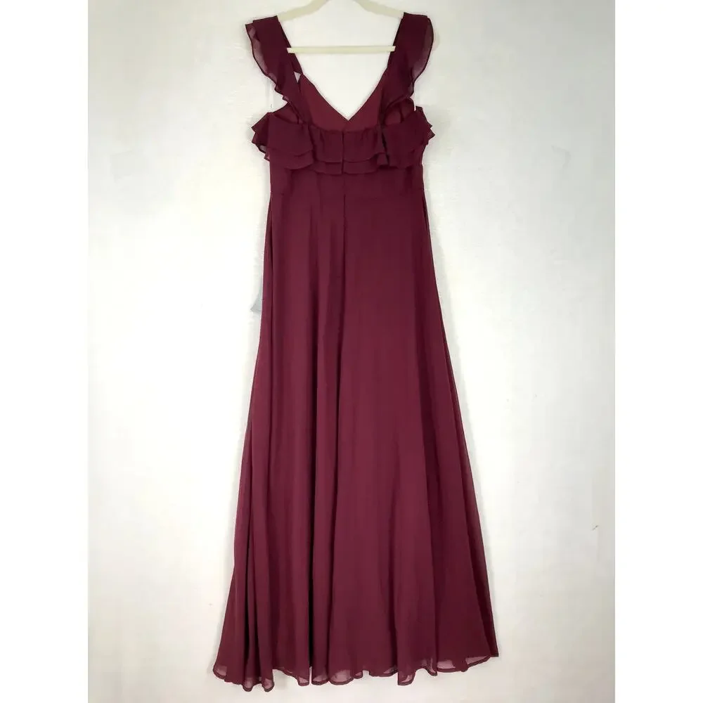 Lulus Dress Large Burgundy Adorning Glances Ruffles‎ Resort Wedding Formal READ